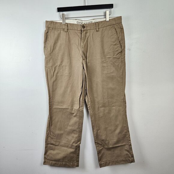 DOCKERS Khaki Denim Pants 38x29 Relaxed Fit Chinos Flat Front Straight Leg Beige - Picture 1 of 13